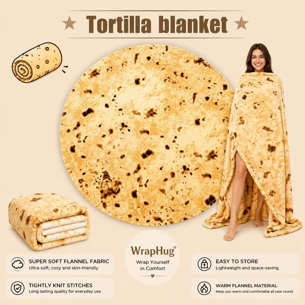 WrapHug Burrito Round Flannel Blanket